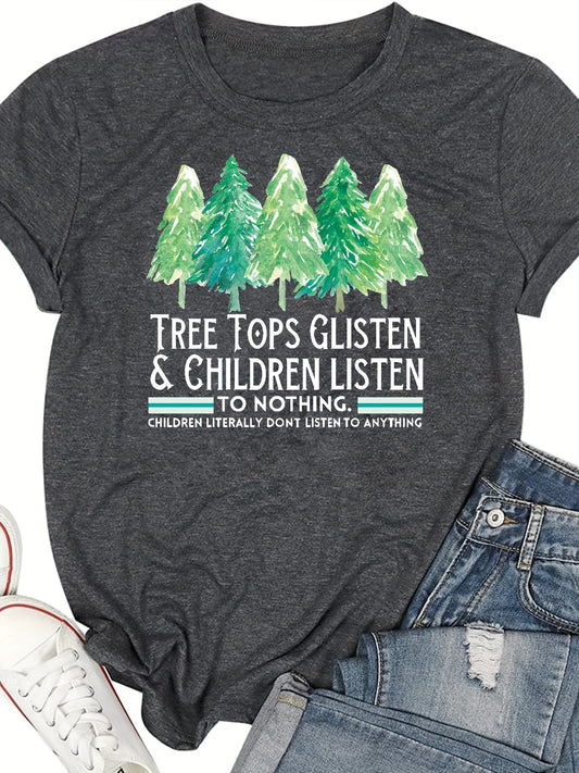 Festive Cheer: Christmas Tree Pattern Crew Neck T-Shirt - An Ideal Spring/Summer Addition to Every Woman's Wardrobe