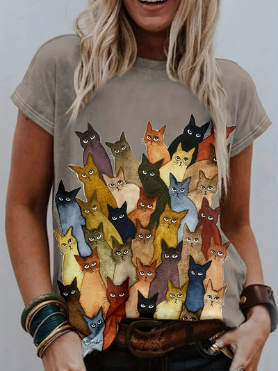 Fashionable and Comfortable Cat Print Crew Neck T-Shirt - A Must-Have for Spring/Summer Wardrobe