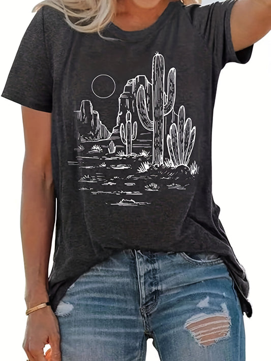 This stylish cactus graphic print T-shirt for women is perfect for everyday casual wear. Crafted from lightweight cotton fabric, it features a relaxed fit with a crew neckline for all-day comfort. The fun and unique cactus design adds a dash of personality to your wardrobe.
