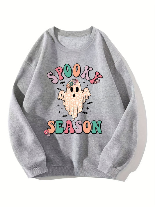 Cute Ghost Print Sweatshirt, Casual Long Sleeve Crew Neck Sweatshirt For Fall & Winter, Women's Clothing