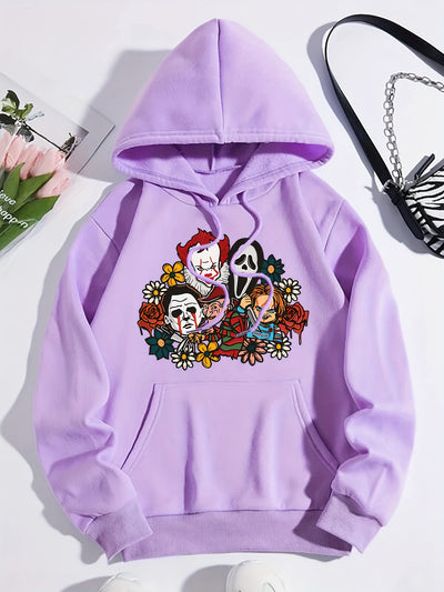 Fear-infused Style: Women's Horror Movie Print Hoodie - Embrace the Chills This Winter-Fall Season!