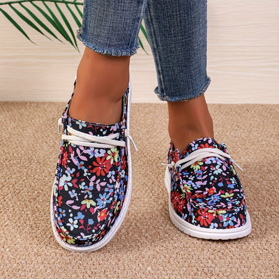 Fashionable Women's Flower Pattern Canvas Shoes: Casual Round Toe Low Top Loafers for Lightweight Slip-On Sneakers