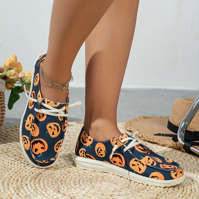 Spooktacular Style: Women's Pumpkin Print Canvas Shoes for a Festive Halloween Look