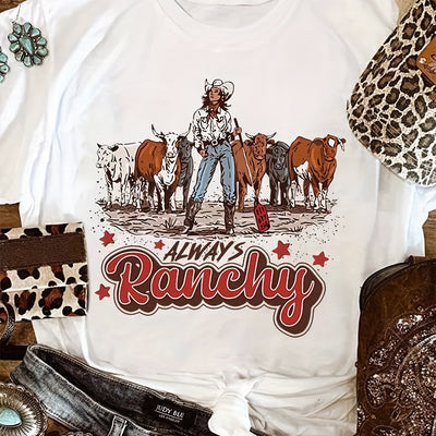 Cowboy Style Print T-shirt, Casual Crew Neck Short Sleeve Summer T-shirt, Women's Clothing