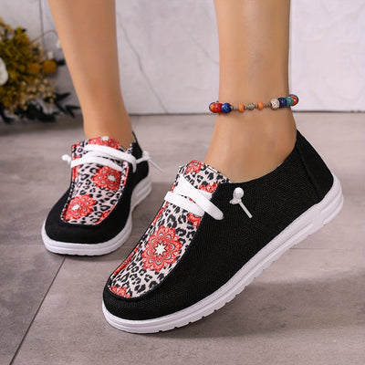 Women's Leopard & Floral Pattern Canvas Shoes, Casual Lace Up Outdoor Shoes, Lightweight Low Top Sneakers