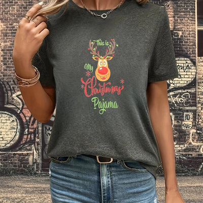 Festive Forest: Christmas Deer Print Tshirt - Casual Short Sleeve Crew Neck T-Shirt for Women's Clothing