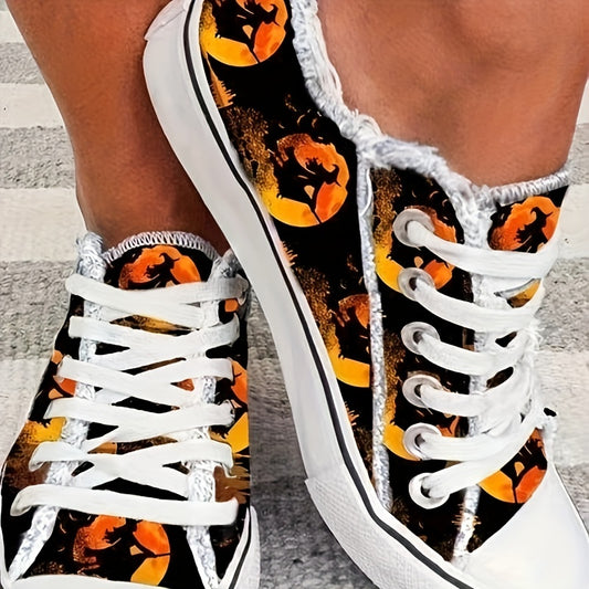 Add some spook to your style with these Halloween-themed canvas shoes. The comfortable design features a lace-up closure and round toe, perfect for everyday wear. Crafted from sturdy canvas material, these shoes are sure to last.