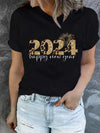 Festive Vibes in Style: 2024 Happy New Year Print T-Shirt - Casual Crew Neck Short Sleeve Top for Women's Clothing