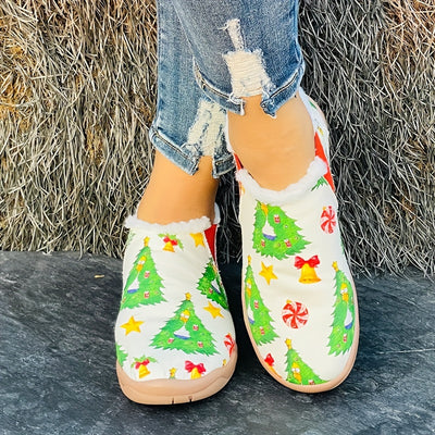 Festive Feet: Women's Winter Warm Slip-On Christmas Tree Bell Pattern Sneakers