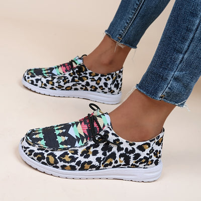 Stylish Leopard & Ethnic Print Canvas Shoes for Women - Comfortable Lace-Up Casual Sports Shoes for Low-Impact Walking