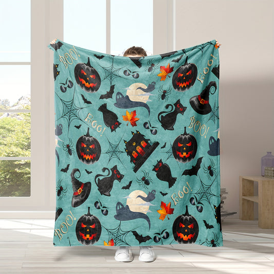 Experience an extra cozy Halloween night with this unique flannel blanket. Featuring an inviting cartoon pumpkin, bat, cat, and spider web print, you'll get maximum comfort and style. The premium-grade fabric ensures excellent insulation and unparalleled softness.