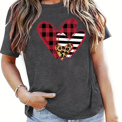 Leopard & Plaid & Striped Heart Tshirt for Women, Casual Short Sleeve Crew Neck T-shirt, Women's Clothing