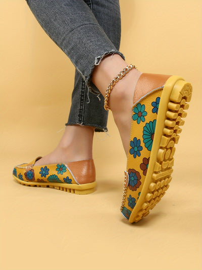 Stylish Women's Casual Yellow Flat Shoes with Flower Patterns: Lightweight and Comfortable Low Top Design