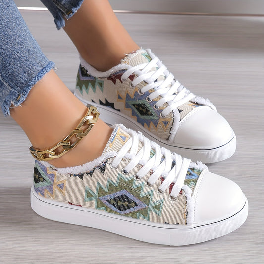 Stylish and Comfortable Women's Geometric Pattern Canvas Shoes: Lightweight Low Top Sneakers for Casual Outdoor Wear