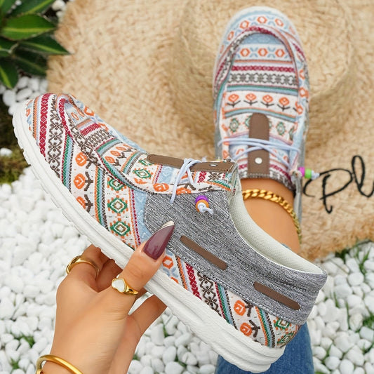 Ethnic Flower Print Women's  Canvas Sneakers - Casual Lace Up Low Top Shoes for Outdoor Comfort