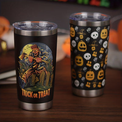 20oz Stainless Steel Halloween Pumpkin Pattern Tumbler with Lid and Straw - Double Walled Insulated Water Bottle for Cold Drinks, Perfect for Summer and Winter Travel