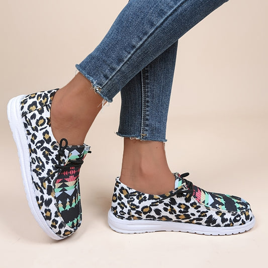 Stylish Leopard & Ethnic Print Canvas Shoes for Women - Comfortable Lace-Up Casual Sports Shoes for Low-Impact Walking