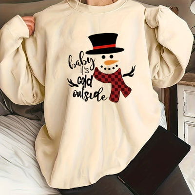 Snowman Delight: Women's Plus Size Christmas Casual Sweatshirt with Black Hat Snowman Print