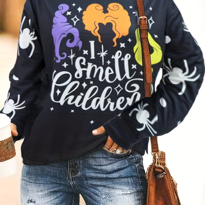 Halloween Color Graphic Art Print Sweatshirt, Casual Crew Neck Long Sleeve Sweatshirt, Women's Clothing