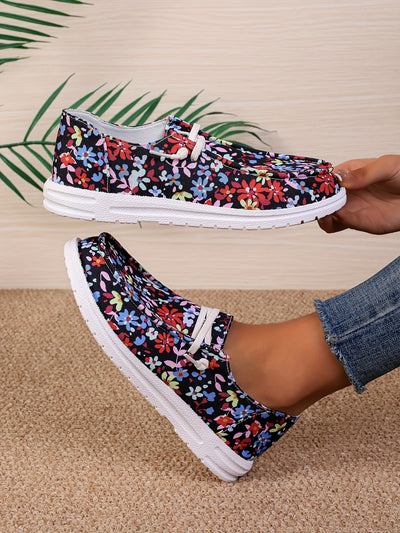 Fashionable Women's Flower Pattern Canvas Shoes: Casual Round Toe Low Top Loafers for Lightweight Slip-On Sneakers