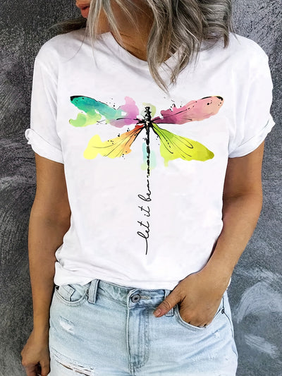 Colorful Dragonfly Print Crew Neck T-Shirt, Casual Short Sleeve T-Shirt For Spring & Summer, Women's Clothing