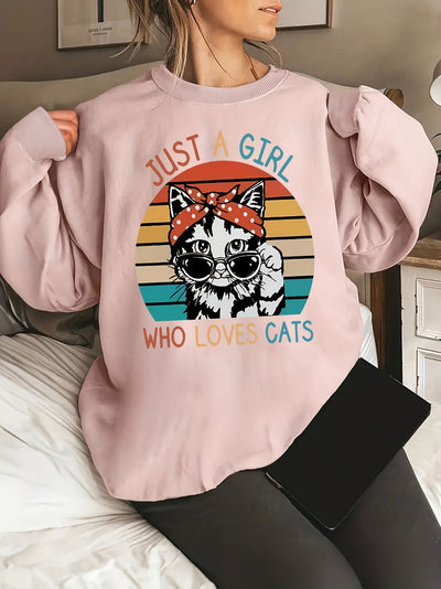 The Playful Purrfection Sweatshirt is designed to keep you warm and stylish through the Fall and Winter season. This comfortable plus-sized crew-neck is adorned with an adorable and funny slogan print of a cat in glasses. Its relaxed fit and long body style make it perfect for lounging or creating a fashionable outfit.