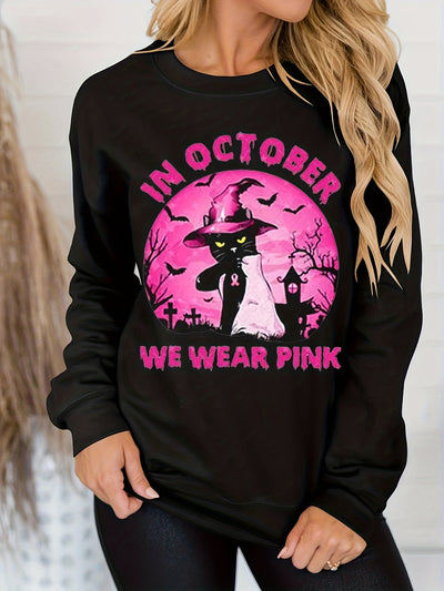 Spooktacular Halloween Cat and Pink Letter Print Pullover Sweatshirt: A Cozy and Stylish Addition to Your Fall/Winter Wardrobe