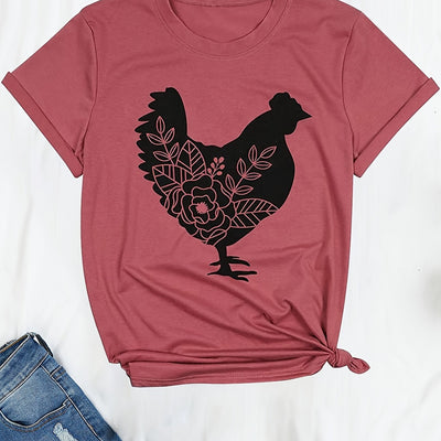 Flaunt Your Style with the Chicken Floral Print T-Shirt - A Casual Short Sleeve Crew Neck Top for Women's Clothing