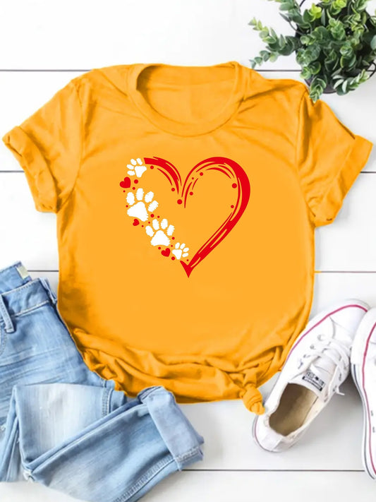 Dog Paw and Red Heart Print T-Shirt, Short Sleeve Crew Neck Casual Top For Spring & Summer, Women's Clothing