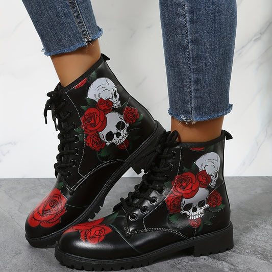 These stylish and edgy short boots are perfect for fashion-forward women. The comfortable closed toe lace up ankle boots feature a bold rose skull print. Ideal for outdoor adventures, the boots are also designed with a cushion-soft lining for extra comfort.