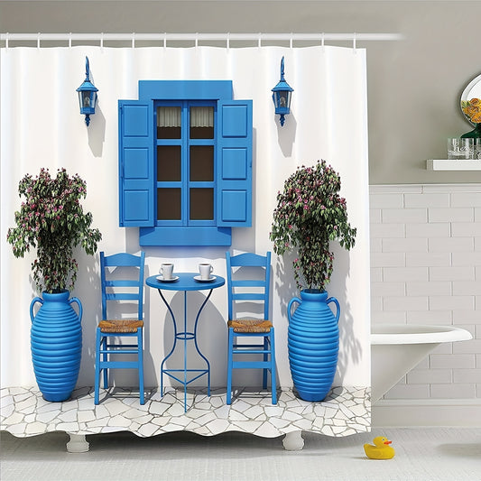 Greek Summer House: Blue and White Waterproof Shower Curtain with Hooks - Enhance Your Bath Experience with Style and Protection