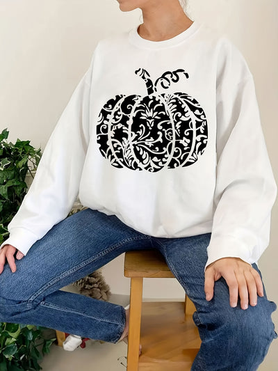 Halloween Pumpkin Pattern Sweatshirt: Spooky and Stylish Crew Neck Long Sleeve for Women