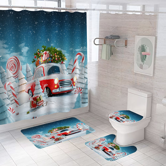 Stay festive this holiday season with this 4-piece Christmas bathroom set! Featuring a waterproof shower curtain with a red truck car, gift boxes, and a winter forest design, this collection also includes rugs, and hooks for the ultimate Christmas decor. A great addition to your home!