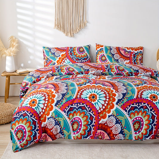 Bohemian Blossom: 3-Piece Duvet Cover Set - Multicolor Floral Print Bedding for Ultimate Bedroom Comfort