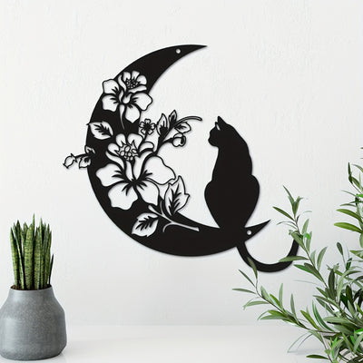 Charming Metal Art Cat and Moon Wall Decoration: Exquisite Metal Cat Art Silhouette Sculpture for Retro Home Décor