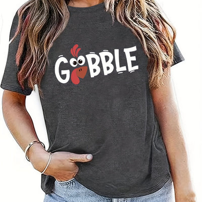 Festive Feathers: Thanksgiving Turkey Print Tee for Women - A Stylish Casual Short Sleeve Crew Neck T-Shirt