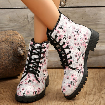 Spooky Chic: Women's Skull Pattern Combat Boots - Casual Halloween Lace-Up Ankle Boots