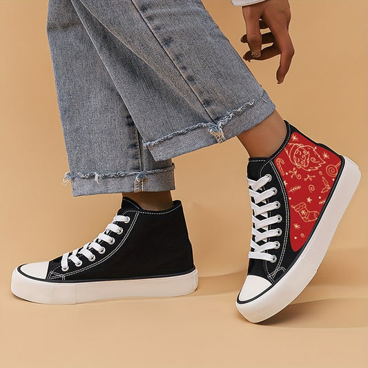 Festive Fashion: Women's Christmas Pattern Canvas Shoes – Casual High Top Outdoor Shoes for Comfortable Holiday Style