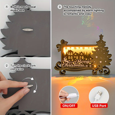 3D Wooden Carving LED Night Light: Merry Christmas Music Box - Perfect Gift for Christmas and New Year