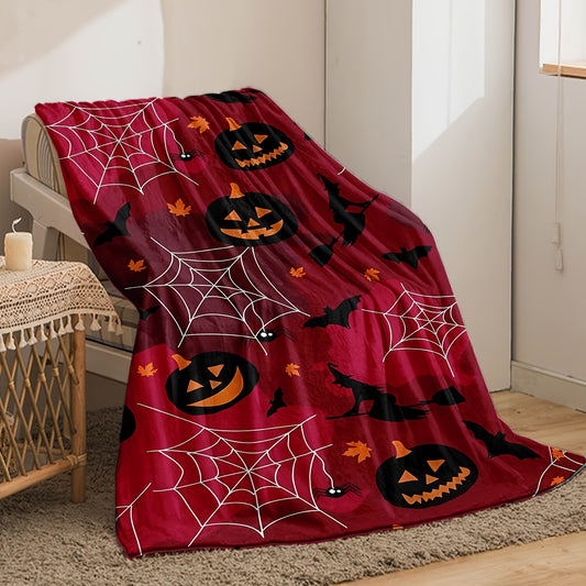 Pumpkin, Bat and Spider Web Print Throw Blanket - Warm and Comfortable Flannel Blanket for Sofa, Bed, Couch, Office - Multi-Purpose Blanket - Perfect Halloween Decor and All-Season Gift