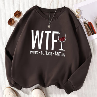 Wine Glass Letter Print Plus Size Casual Sweatshirt: Cozy and Stylish Fall/Winter Essential for Plus Size Women