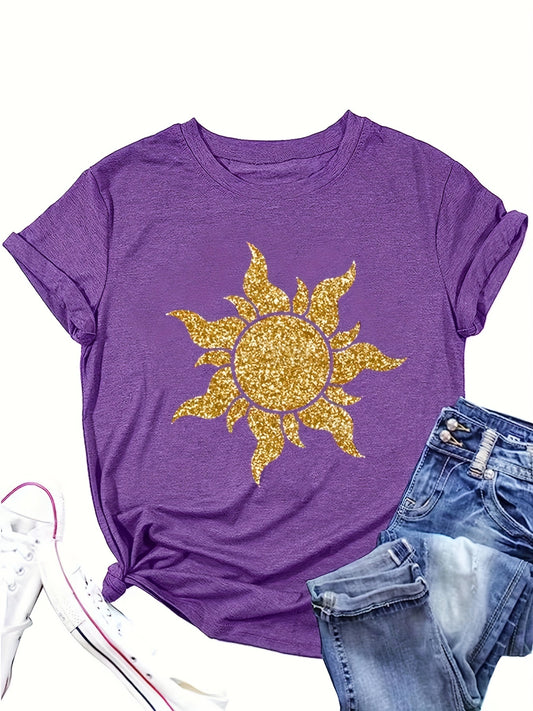 Sunny Vibes: Women's Spring-Fall Sun Graphic Crew Neck T-Shirt – Casual Short Sleeve Top