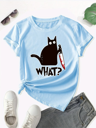 Cat Design Print Crew Neck T-Shirt: A Casual and Stylish Addition for Spring/Summer Women's Fashion