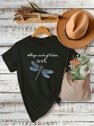 Colorful Dragonfly & Letter T-Shirt, Cute Cartoon Short Sleeve Crew Neck Shirt, Casual Every Day Tops, Women's Clothing