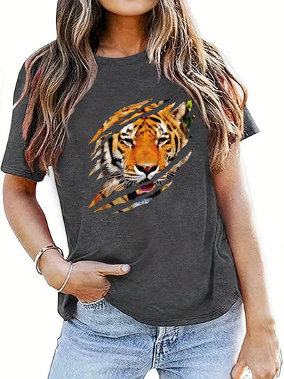 Tiger Pattern Crew Neck T-Shirt, Casual Short Sleeve T-Shirt For Spring & Summer, Women's Clothing