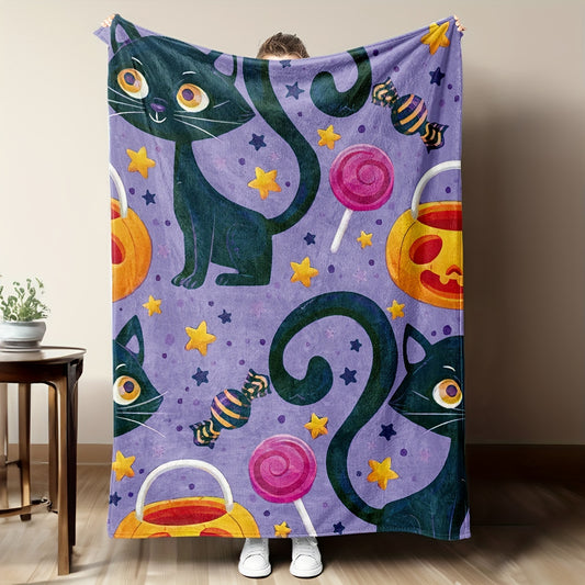 This flannel blanket is a guaranteed hit this Halloween! Printed with a cozy cartoon cat and pumpkin candy design, it's ideal for all ages. Made from ultra-soft flannel, it's the perfect cozy yet festive gift for trick-or-treaters.