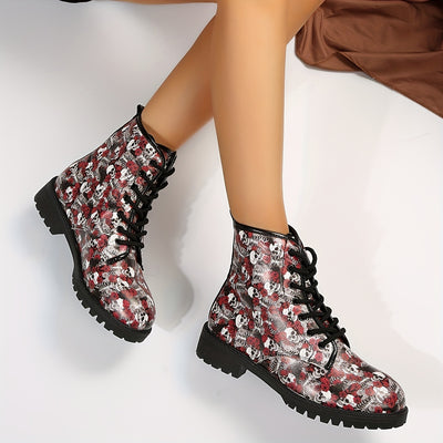 Skull Rose Patterned Women's Halloween Combat Boots: All-Match Lace-Up Shoes for a Spooky Stylish Look