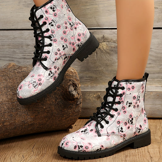 These Spooky Chic combat boots feature a unique skull pattern and lace-up ankle design, perfect for adding a touch of spooky style to your wardrobe. Made of durable material to offer all day wearability and comfort, these boots will add an edgy appeal to any outfit.