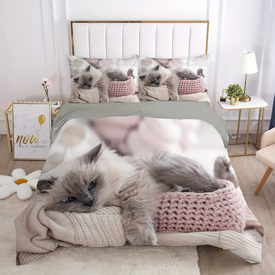 Lovely Pet Cat Print Duvet Cover Set: Adorable Kitten Bedding for Bedroom and Dorm Room