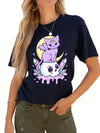 Fierce and Playful: Cartoon Cat Skull Print Crew Neck T-Shirt - Stay Cool and Stylish this Spring/Summer!